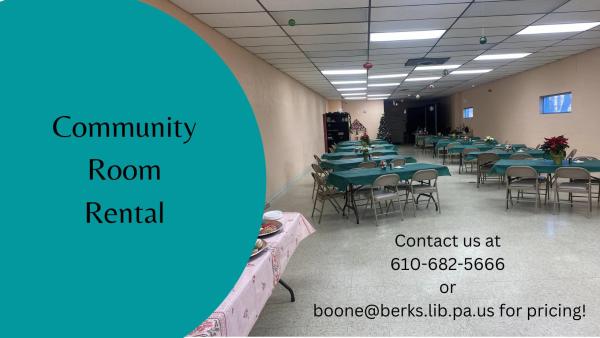 Flyer for community room rentals with a picture of room decorated for a party.