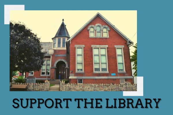 Photo of library with "Support the Library" in text under the photo