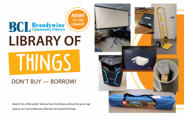 Library of things collage with image of screen, disc reader, hand cart, speaker, projector, canopy and wooden yard dice.  