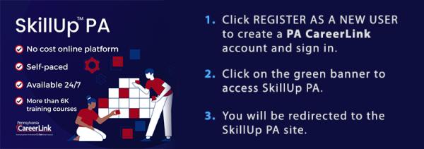 SkillUp Pa is a no-cost online platform available 24/7. Create a PA CareerLink account to begin.