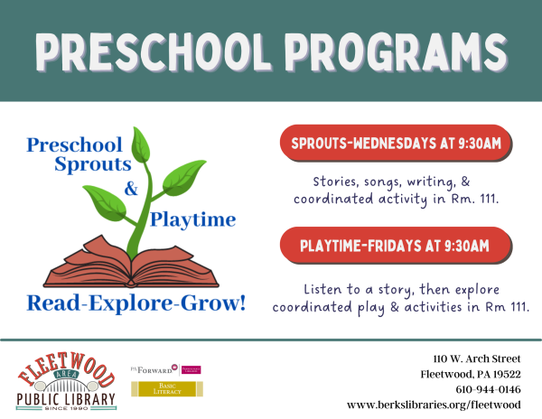 Preschool Sprouts Wednesdays 9:30am Preschool Playtime Fridays 9:30am