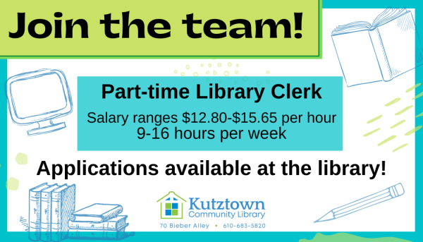 Applications for part-time library clerk available at the library!