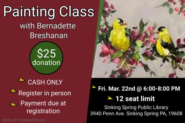 Example of painting with spring time birds and program details.
