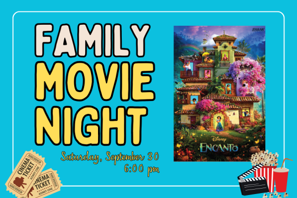 Text saying "Family Movie Night" beside a movie poster for ENCANTO on a light blue background