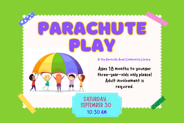 Text of details for Parachute Play event with animated kids playing with parachute on green background