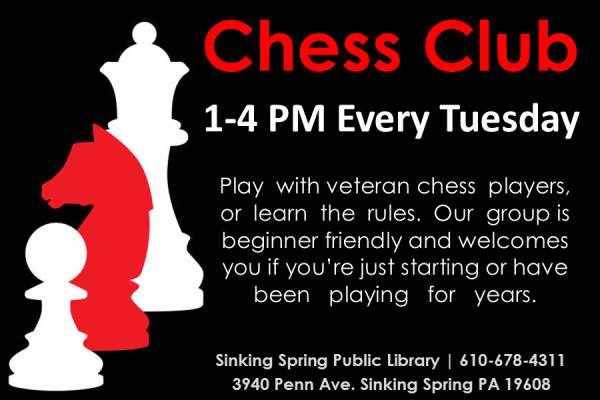 White and red chess pieces on a black background with the text: Play  with veteran chess  players, or  learn  the  rules.  Our  group is beginner friendly and welcomes you if you’re just starting or have been playing for years. 