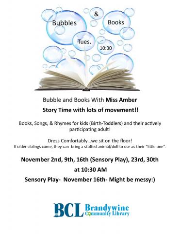 Bubbles and Books November flyer with dates 