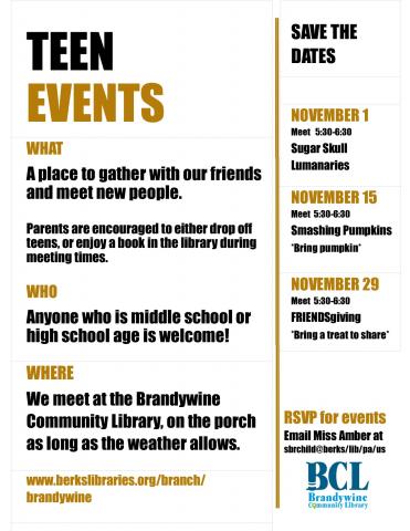 November teen flyer with all teen events