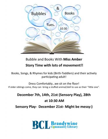 Bubble and Books flyer for December