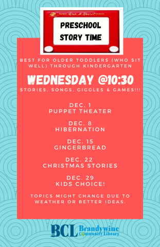 December dates and themes flyer for preschool story time