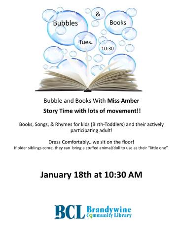 Bubbles and Books flyer for Jan 18