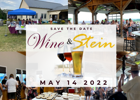 save the date graphic for wine and stein may 14 2022