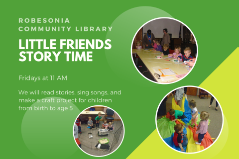 Story time webslide with event description and three pictures from story time