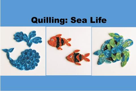 images of paper quilled whale, fish and sea turtle