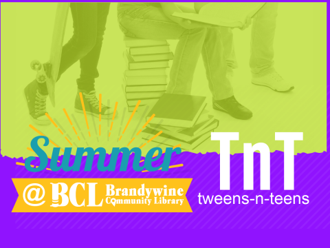 text 'tnt-tweens and teens' summer logo and image of teens feet with skateboard and stack of books