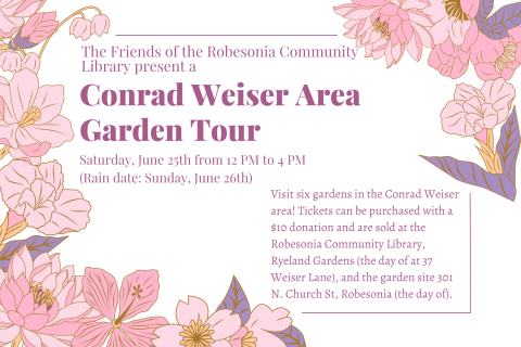Conrad Weiser Area Garden Tour webslide with pink and purple flowers and the event description.