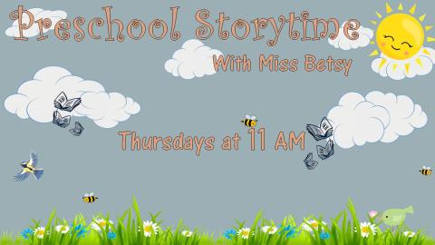 Storytime flyer, of a sunny sky with several clouds, birds and flying books. There is also some nice grass and wildflowers as the feild.