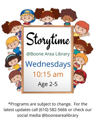 Storytime at Boone Area Library on Wednesdays at 10:15