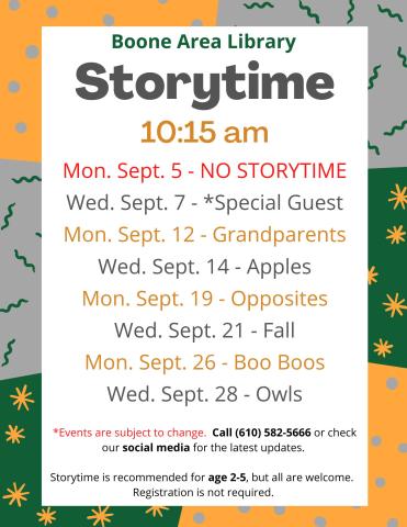 Storytime Schedule - September 2022