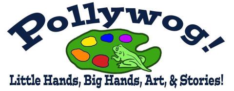 green frog on a lily pad that looks like an artist's palette with five different colored circles on the pad, above is the word Pollywog, below reads Little Hands, Big Harts, Art and Brushes