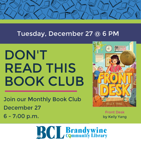 Don't read this book club flyer- December with book cover of Front Desk by KellyYang