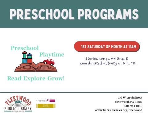 Preschool Playtime 1st Saturday of the month 11am