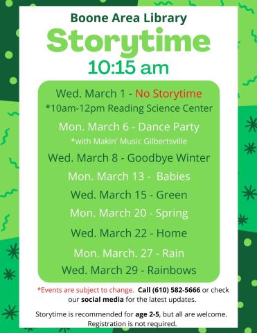 Join us for Storytime on Mondays and Wednesdays at 10:15am