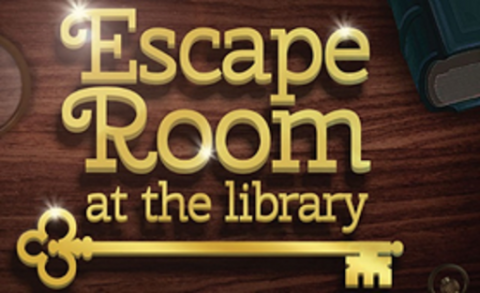Golden Letters spell "Escape Room at the Library" over top a golden key.