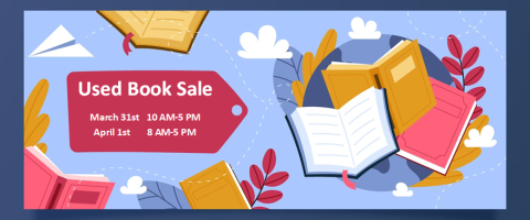 Poster displaying book sale times and dates with open books
