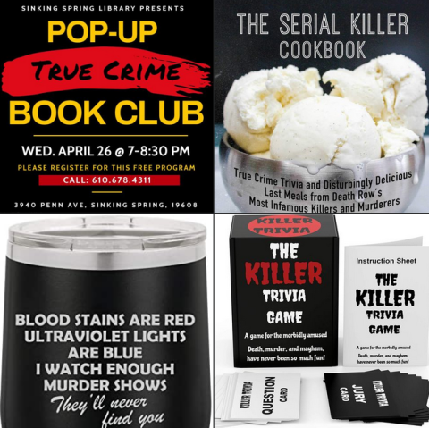 true crime book club poster and raffle prizes