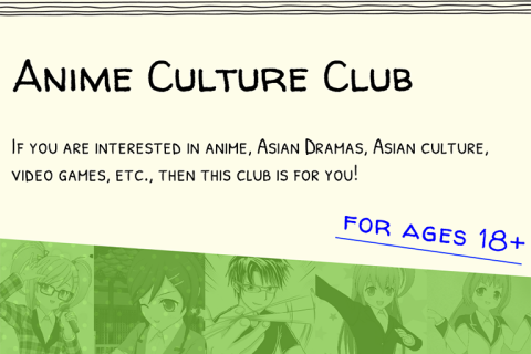 Text encouraging adults to join Anime Culture Club with green anime images along the bottom