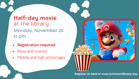 Join us for a half-day movie and pizza on Nov 20 at 12:00 pm.