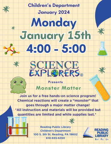 Science Explorers live at RPL Main on 1/15/2024 at 4:00.