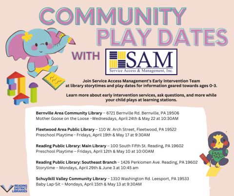 Community play date social media ad with dates for each library listed as well as cartoon blue elephant image on pink background
