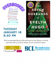 Overbooked Book Club flyer- January 18th at 6:30 to discuss The Seven Husbands f Evelyn Hugo.  book cover image