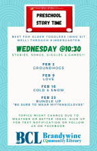 February Preschool story time flier with dates and themes