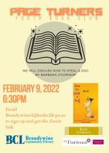 Page Turners YOuth Book Club flyer for meeting online Feb 9th at 6:30 to discuss the book How to Steal a Dog