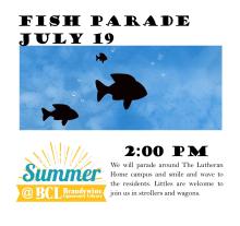 fish parade flyer with image of three fish silhouetted in blue background
