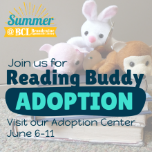 Reading buddy adoption graphic of stuffed animals and books