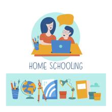 Homeschooling image with a mother and child surrounded by learning material