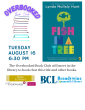 flyer with book cover of FIsh in a Tree and overbooked logo with stack of books and phrase Overbooked 