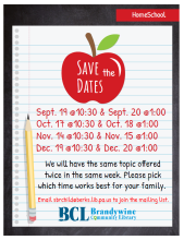 homeschool flyer with dates 9/19, 9/20, 10/17, 10/18, 11/14, 11/15, 12/19, 12/20
