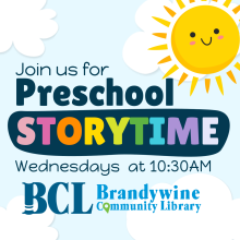 preschool story time graphic with sun and clouds with text- join us for preschool story time Wednesdays at 10:30 