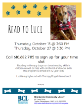 Read to Luci flyer with photo of greyhound