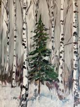 Birch treesand pine tree painted on canvase