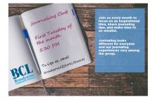 Journaling club flyer for meeting up on first Tuesday of the month at 5:30. 