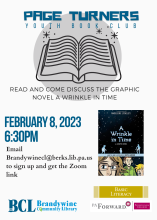 page turner flyer with cover of graphic novel- A wrinkle in Time