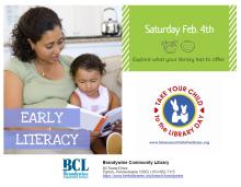 feb 4- take your child to the library day with image of lady and child reading together