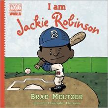 A cartoon of Jackie Robinson standing at home plate ready to swing a bat.