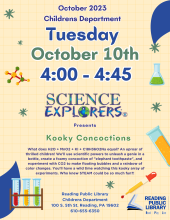 Science Explorers live at RPL Main on 10/10/23 at 4:00.